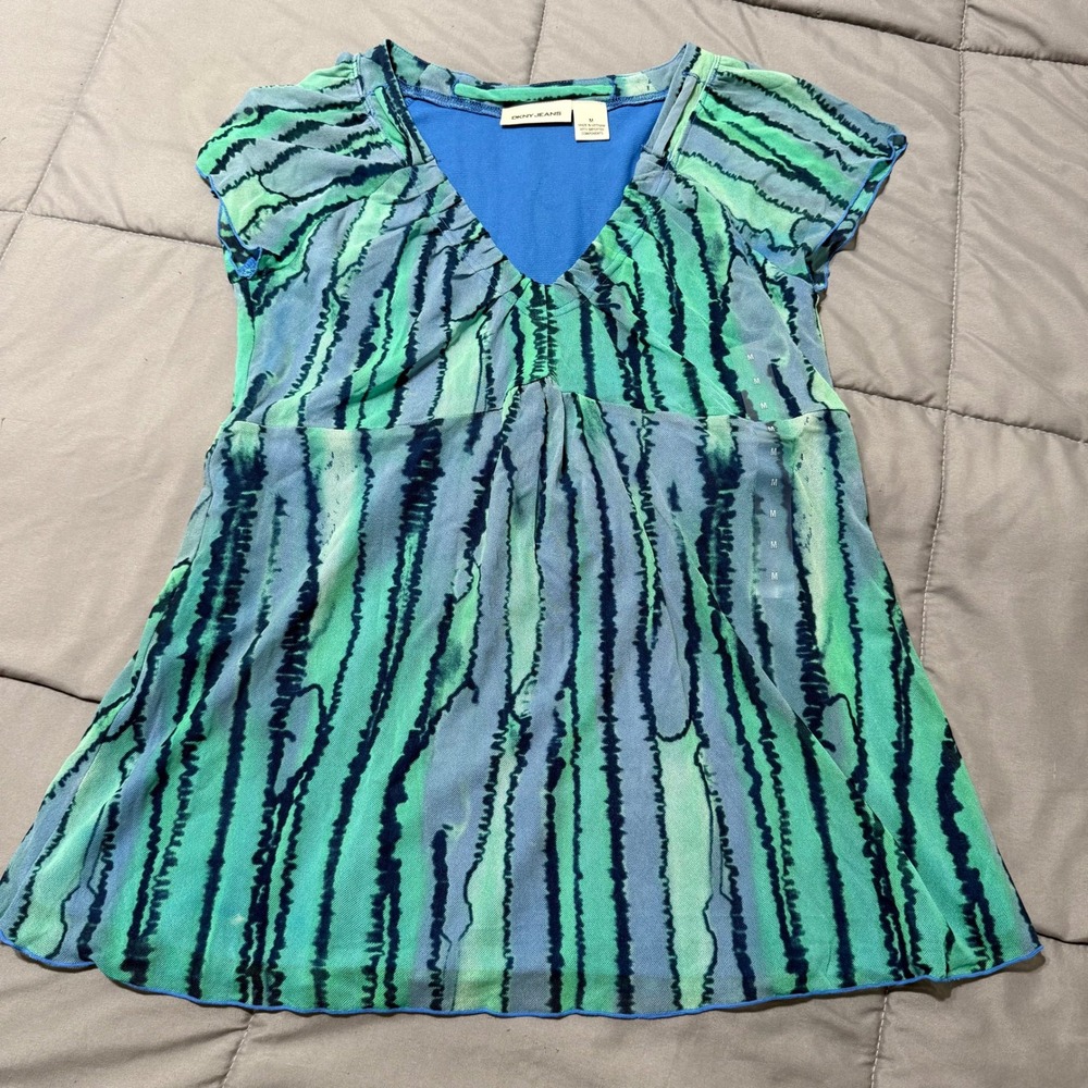 DKNY Jeans Womens Medium Green Blue Mesh V-Neck Lined Cap Sleeve Top KCMUA719